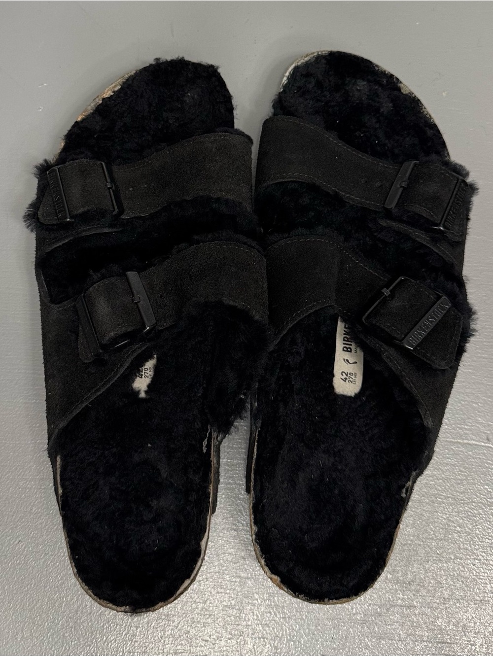 Birkenstock Black Shearling Suede Arizona Slide Sandals